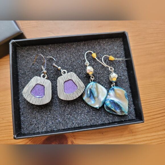 Gemstone Earrings Mother of Pearl Turquoise Purple Eclectic Dangle Set of Two - Picture 5 of 5